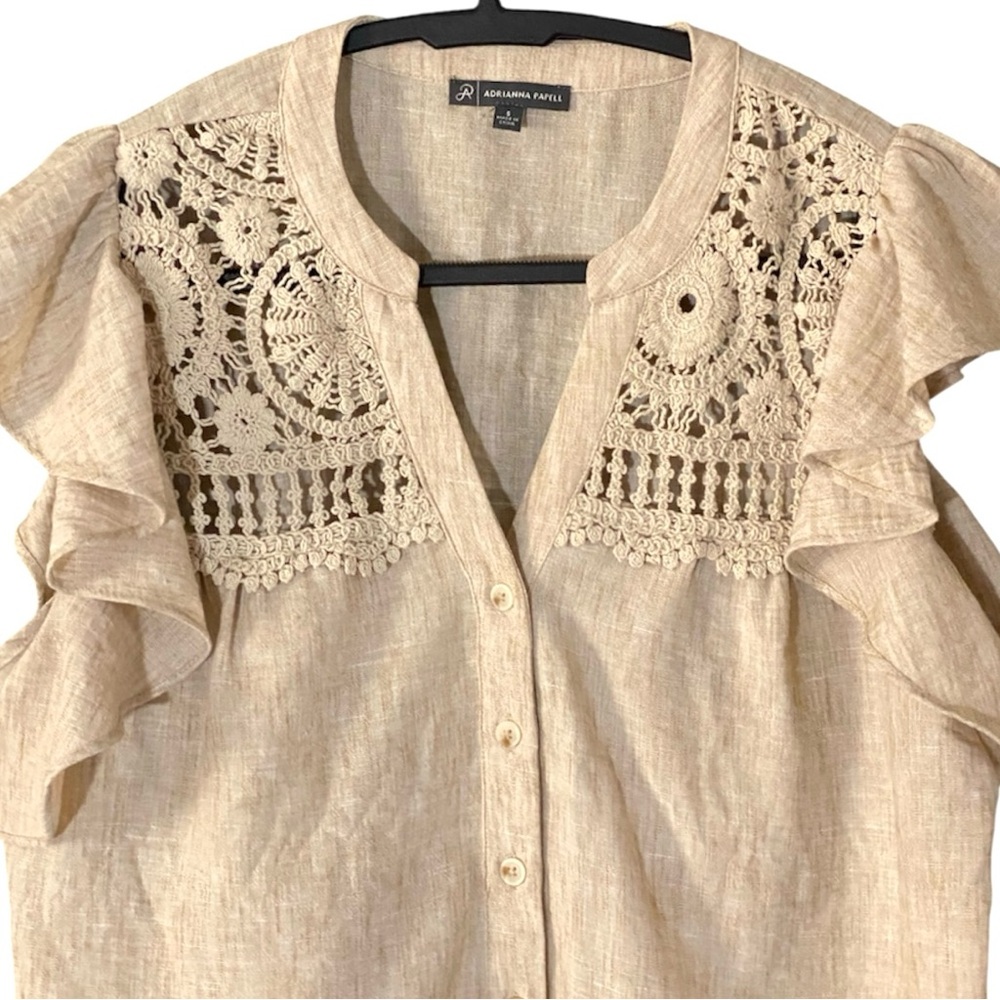 Adrianna Papell Boho Crochet Lace Yoke Top S Flutter Sleeve Cottagecore Ruffle - Picture 3 of 10